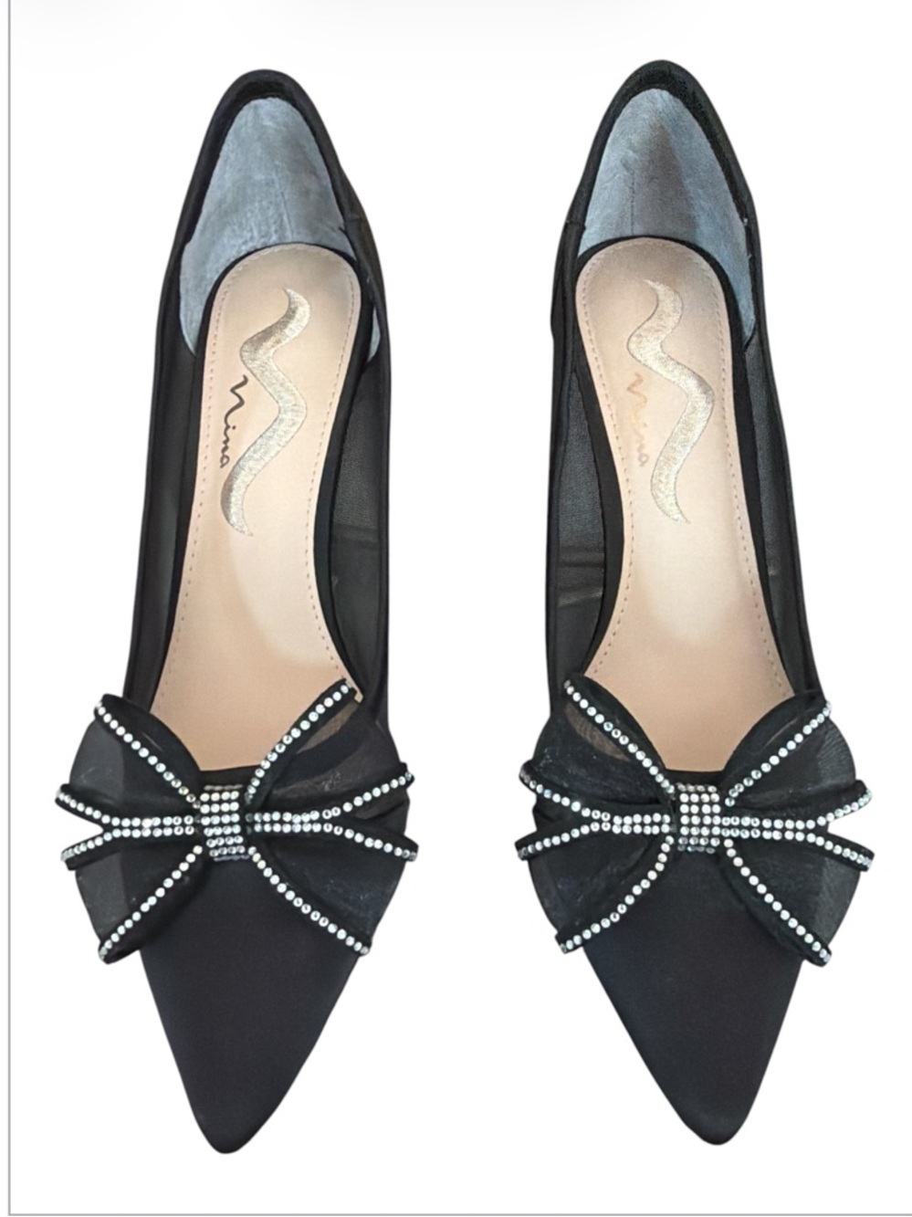Nina "Brite" Black Silver Satin Mesh Crystal Bow Pointed Heels 8